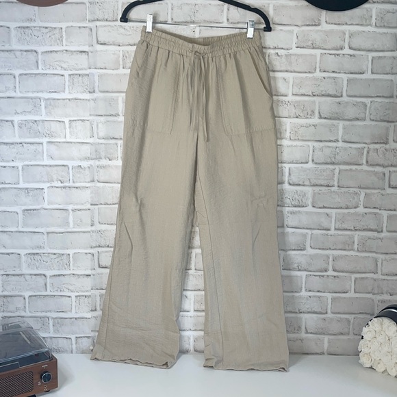 Pants - Tan Wide Leg Pants with Elastic Waistband and Relaxed Fit
